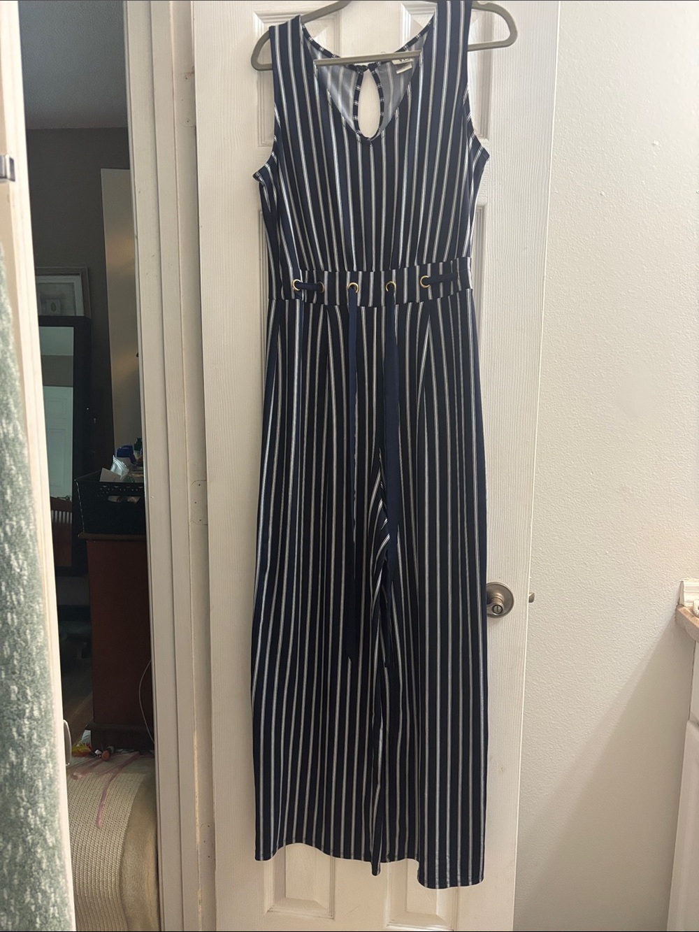 Wrapper Navy and White Vertical Stripe Sleeveless Jumpsuit with Belt